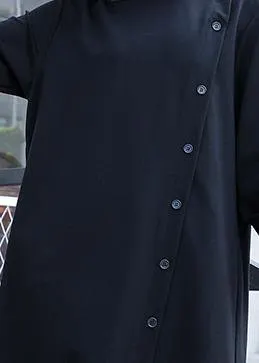 black Cotton tunic top stand collar Button cotton fall Dress