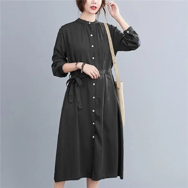 long sleeve cotton linen plus size vintage women casual loose spring autumn shirt dress
