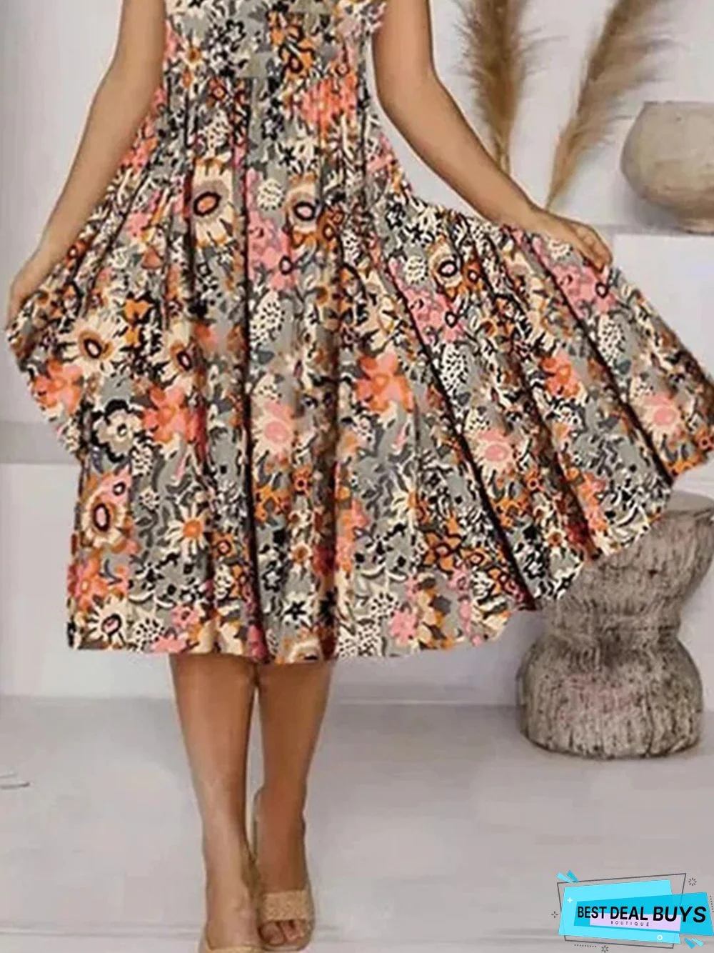 Casual Floral V Neck Short Sleeve A-line Dress