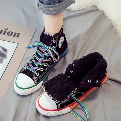 SWYIVY Rainbow Bottom Casual Shoes Woman High Top Sneakers Cavans 2020 Spring Female Casual Shoes White Canvas Sneakers Oman
