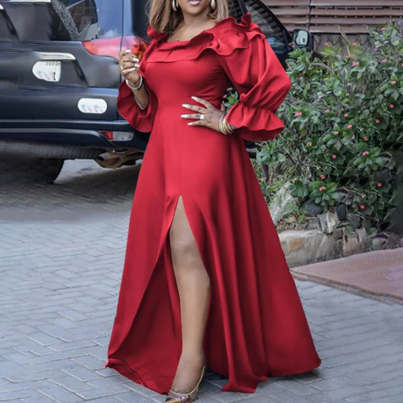 2022 VONDA Summer Party Dresses Women High Slit Ruffled Dress Holiday Vestido Hot Lady Long Sleeve Off Shoulder Elegant Sundress