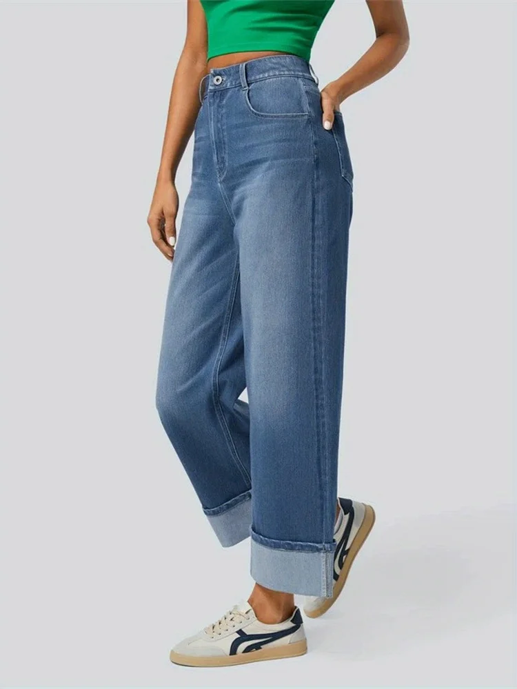 Spring New Straight High Waist Pants Curled Straight Women's Casual Jean