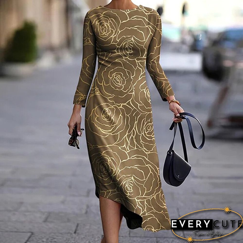 Elegant Long Sleeve O Neck Dress Women Autumn Fashion Floral Printed Asymmetric Dress Casual Slim Office Ladies Dresses New