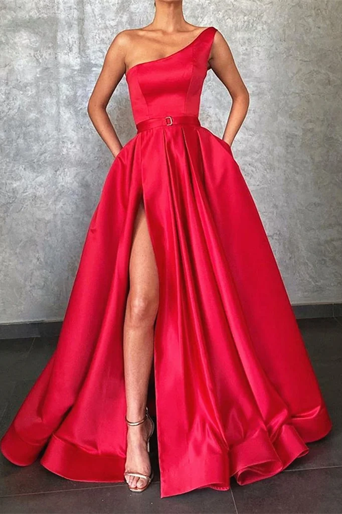 Daisda Glamorous One Shoulder Red Prom Dress Split With Pockets
