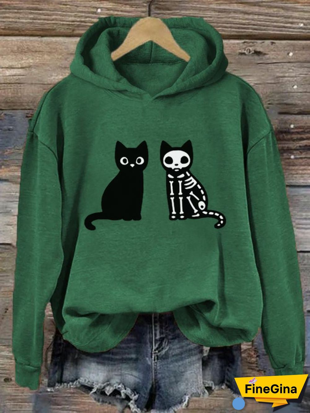 Women's Black Cat Halloween Print Hoodie