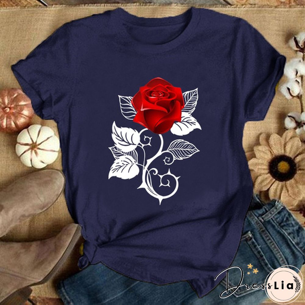Girls and Women's Fashion Red Rose Printed T-Shirt Cute Graphic Tee Shirt Ladies Summer T-shirts Casual Plus Size Tops Flower T Shirts