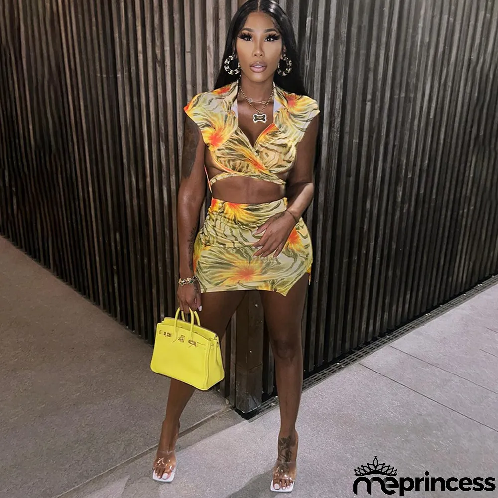 Women's Summer Printed Wrap Crop Top + Skirt Casual Set