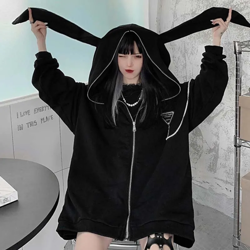 Zipper Cartoon Bunny Ears Hooded Coat