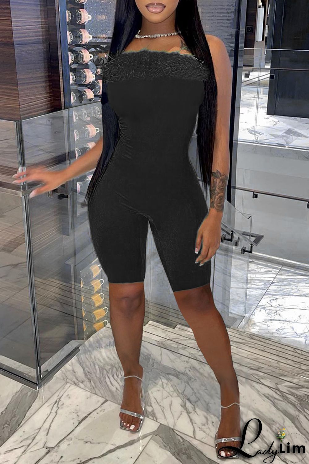Black Sexy Solid Split Joint Feathers Strapless Regular Jumpsuits