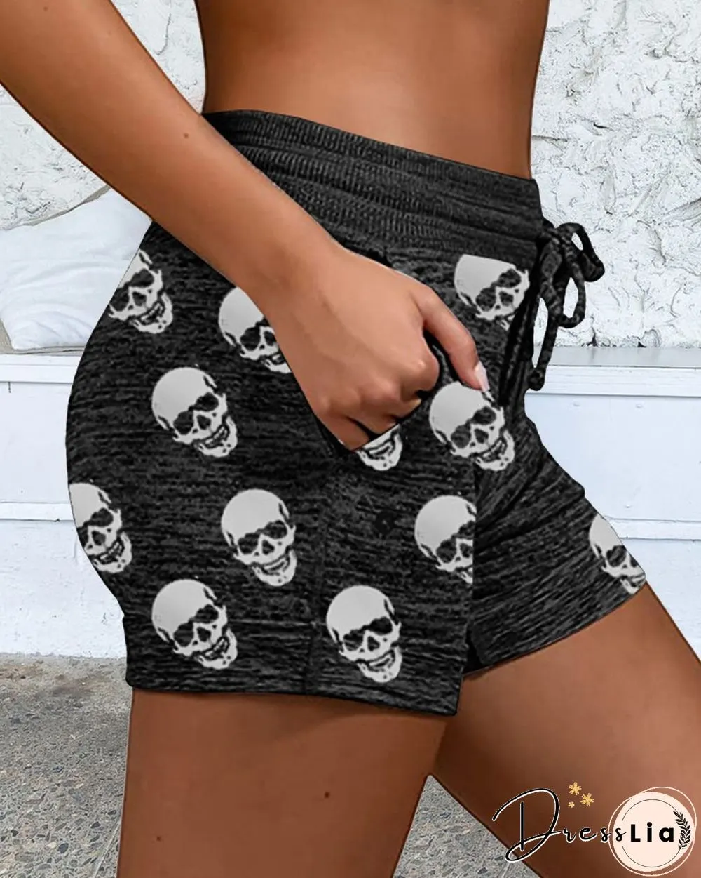 Skeleton Print Skinny Drawstring Shorts