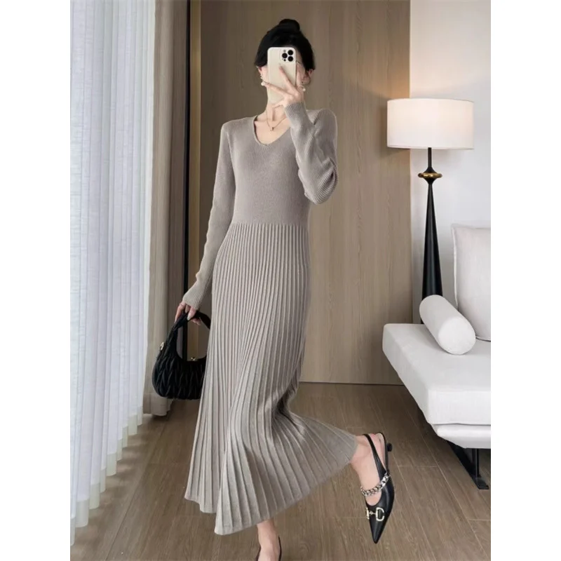 Athvotar Athvotar Knitting Dress That Matches Overcoat Female Autumn Winter Temperament Famous Socialite Senior Sense To Close Waist Inside Build A Word Wool Skirt Long Skirt