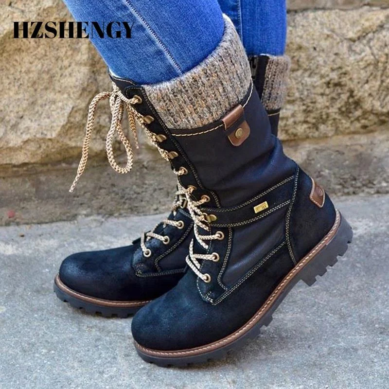 HZSHENGY Women Mid-Calf Boots Round Toe Low-Heeled Non-Slip Boots Knitted Patchwork Side Zipper Lace-Up Female Motorcycle Boots