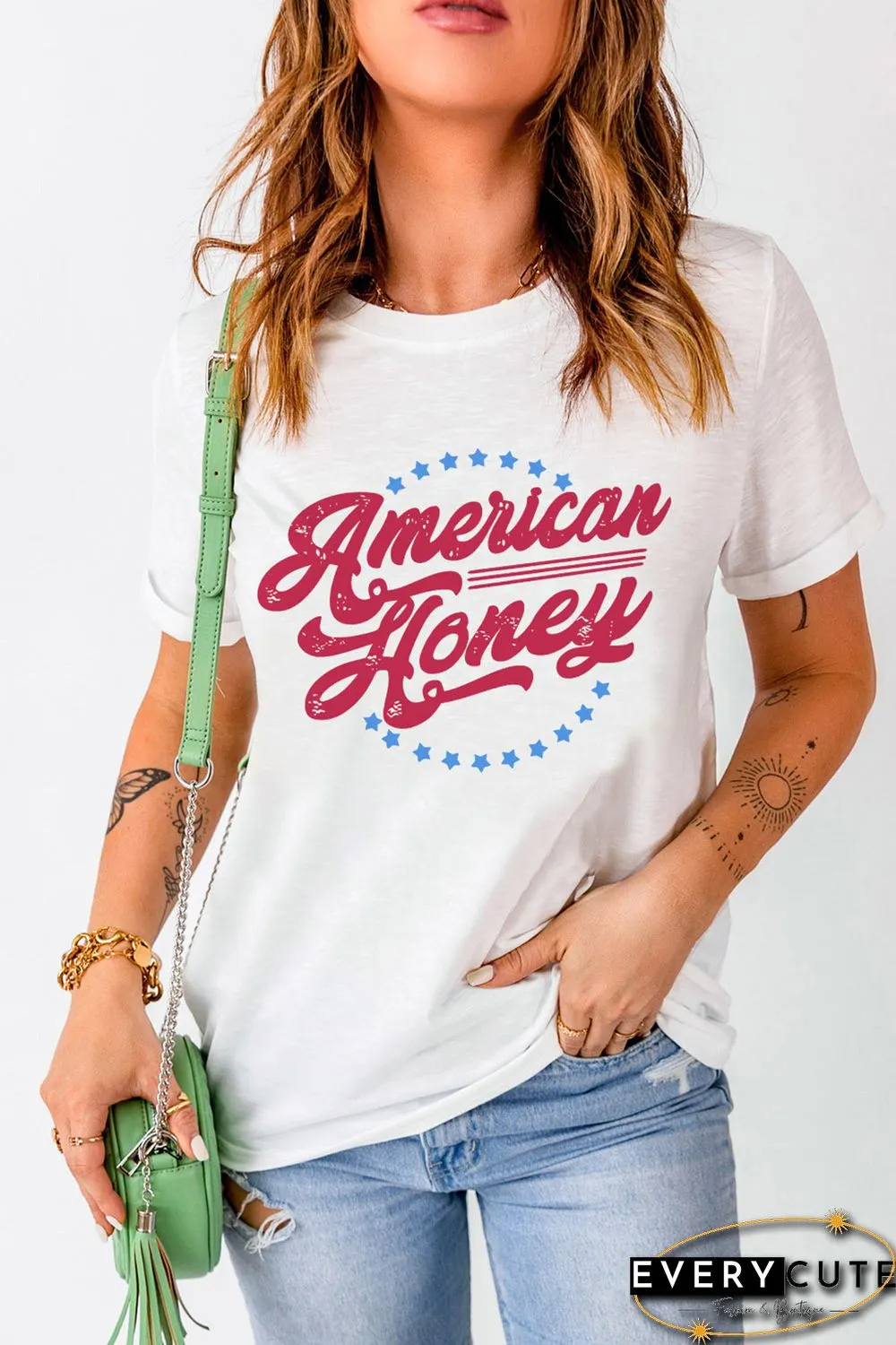 White American Honey Stars Print Short Sleeve Graphic Tee