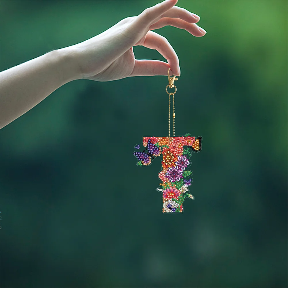 DIY T Diamond Art Key Rings Lettter Keychain Supplies Gift for Kids(Double Sided)