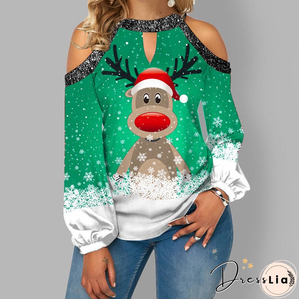 Spring and Early Autumn New Fashion Womens Christmas Printed Long Sleeve V-neck Off