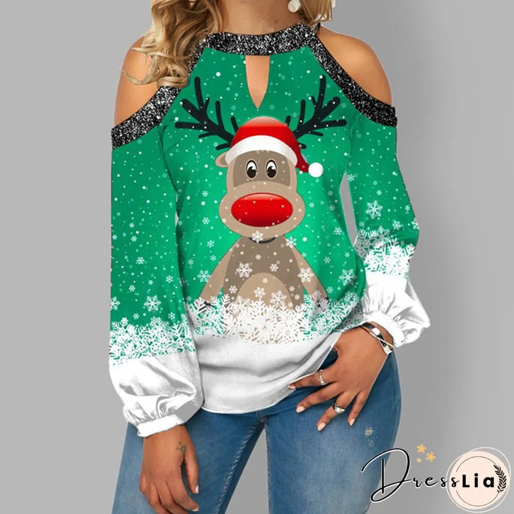 Spring and Early Autumn New Fashion Womens Christmas Printed Long Sleeve V-neck Off