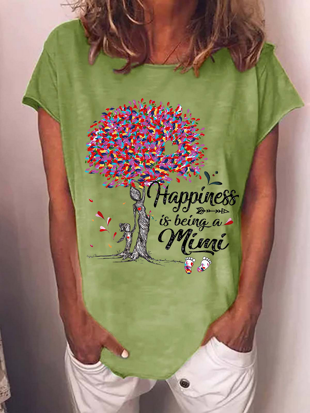 Women's Heart Grandma Tree Happiness Is Being A Mimi Crew Neck Casual Cotton-Blend T-Shirt
