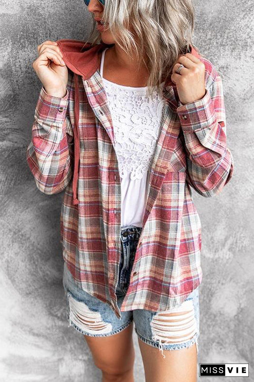 Flannel Plaid Button Down Hoodie Top
