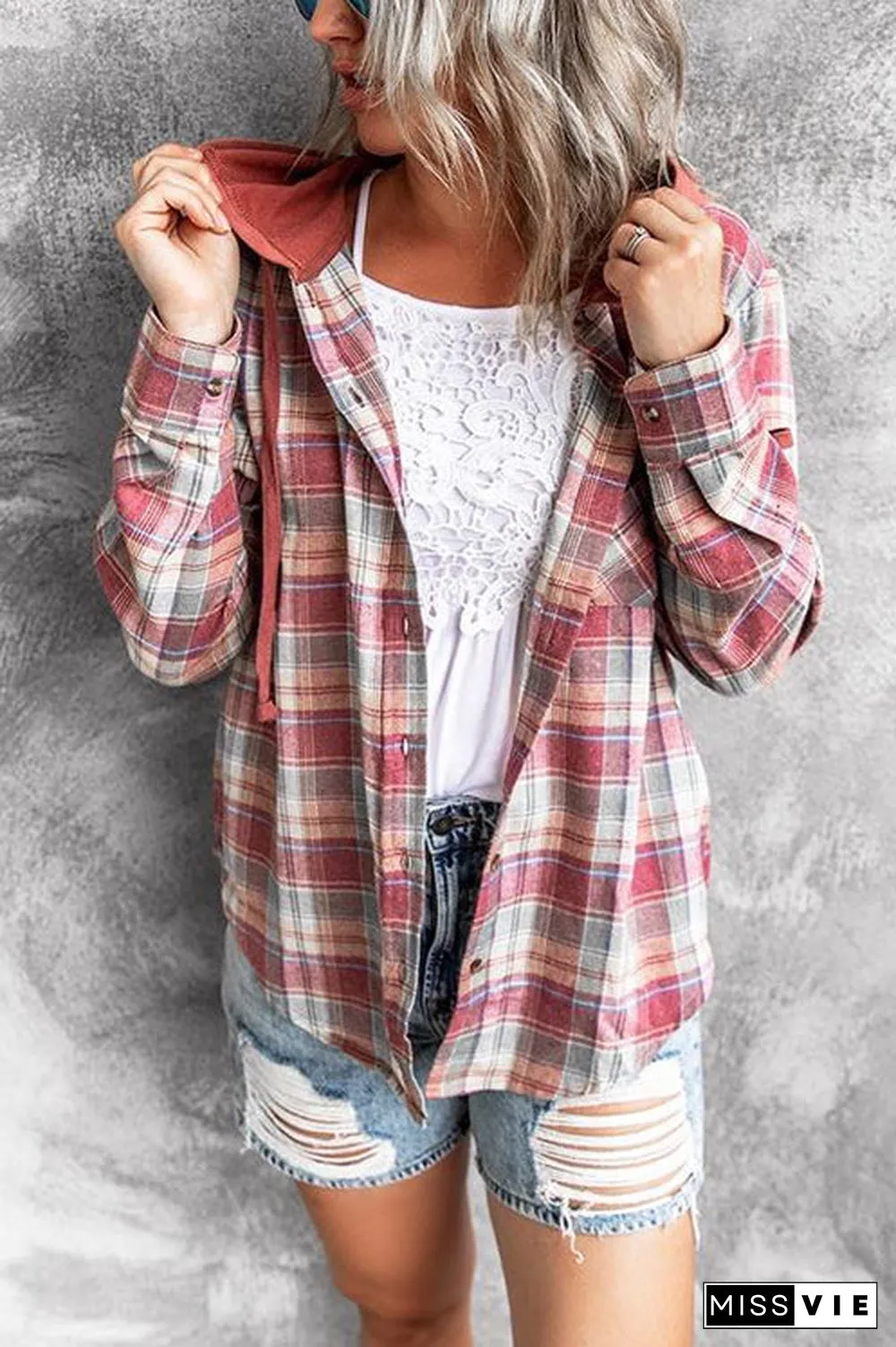 Flannel Plaid Button Down Hoodie Top