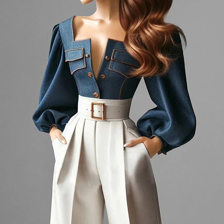 Casual Square Neck Button Puff Sleeve Denim Blouse