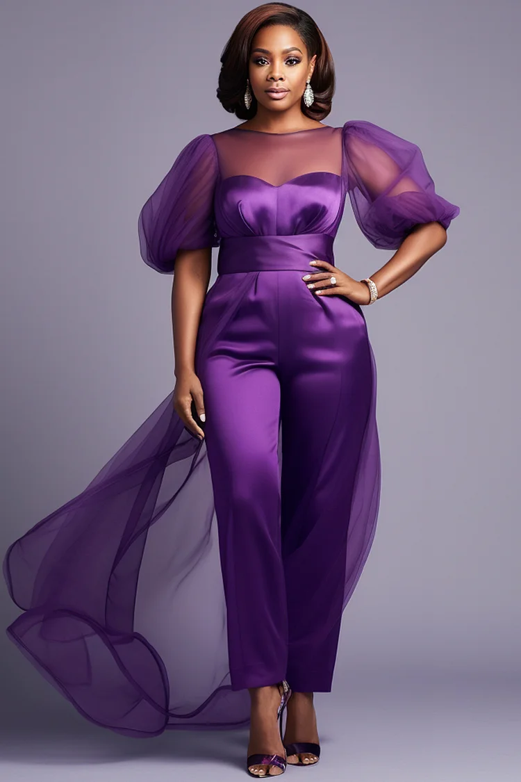Xpluswear Design Plus Size Formal Tulle Purple Puff Sleeve Long Sleeve Pocket With Skirt Overlay Satin Jumpsuits [Pre-Order] 2024 - Xpluswear