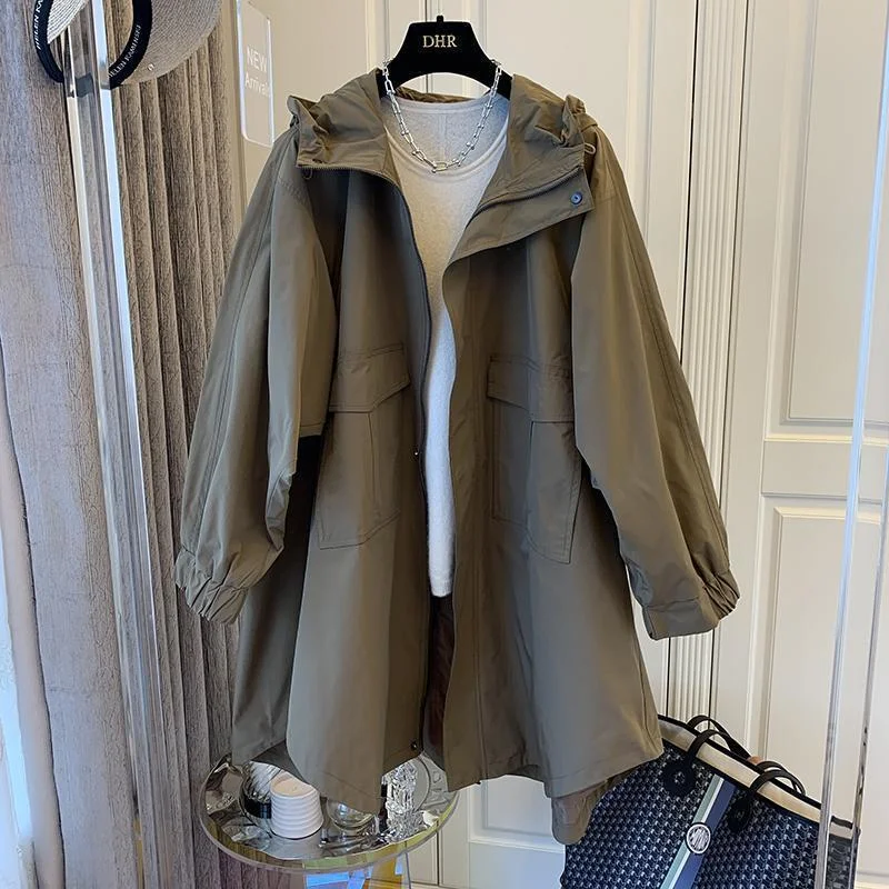 Toloer Designer Small Versatile Loose Leisure Cocoon Double Pocket Spell Successive Hat Long Windbreaker Coat Female Spring And Autumn-Outfit Ideas