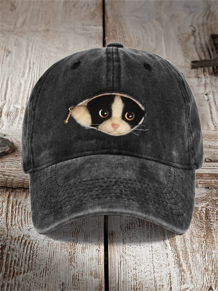 Comstylish Peeking Cat Felt Art Zipper Washed Cap