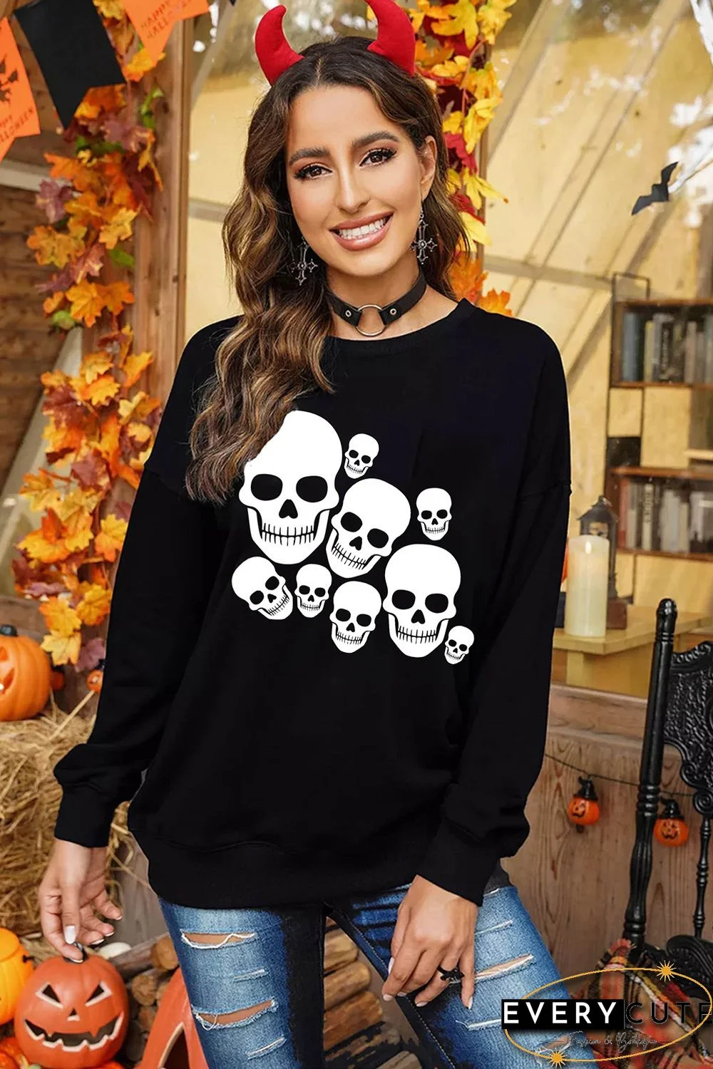 Ghosts Halloween Print Drop Shoulder Black Sweatshirt