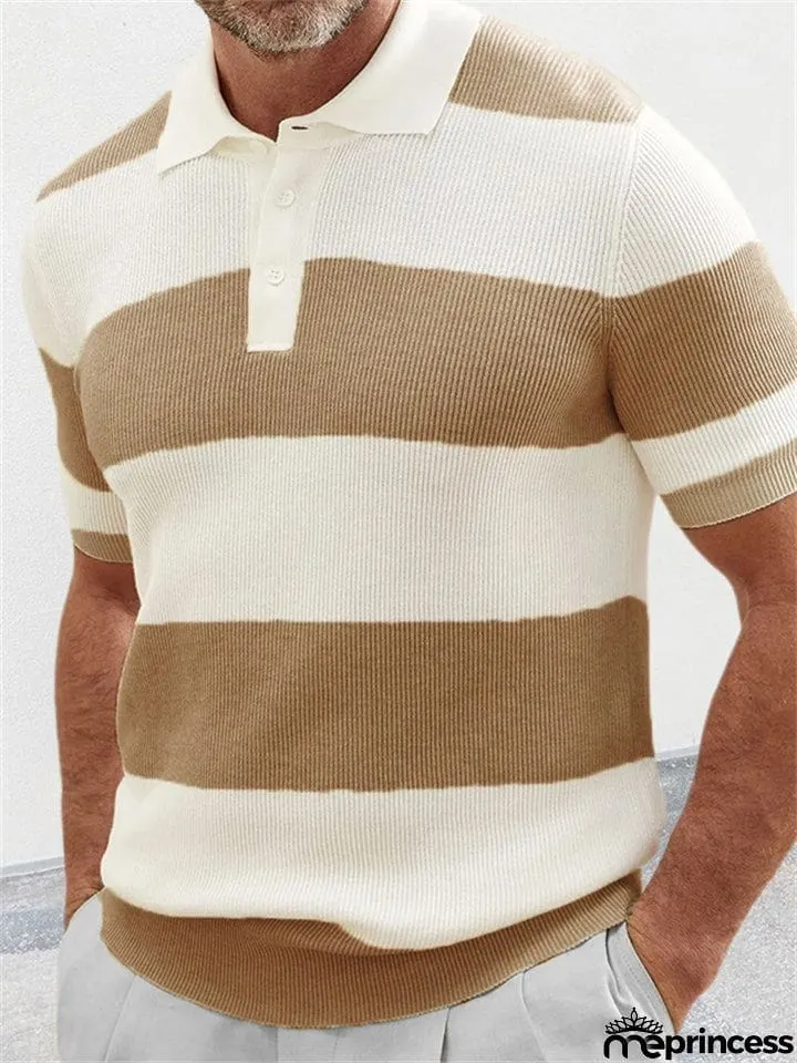 Trendy Men's Contrast Color Striped Lapel Knitted Sweater