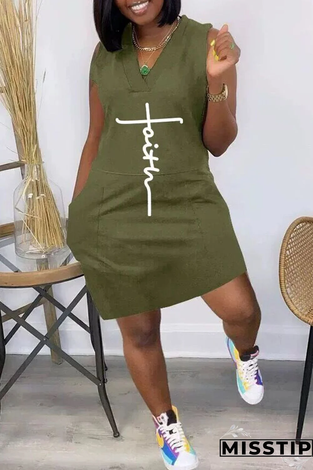 Orange Fashion Casual Print Patchwork V Neck Sleeveless Dress