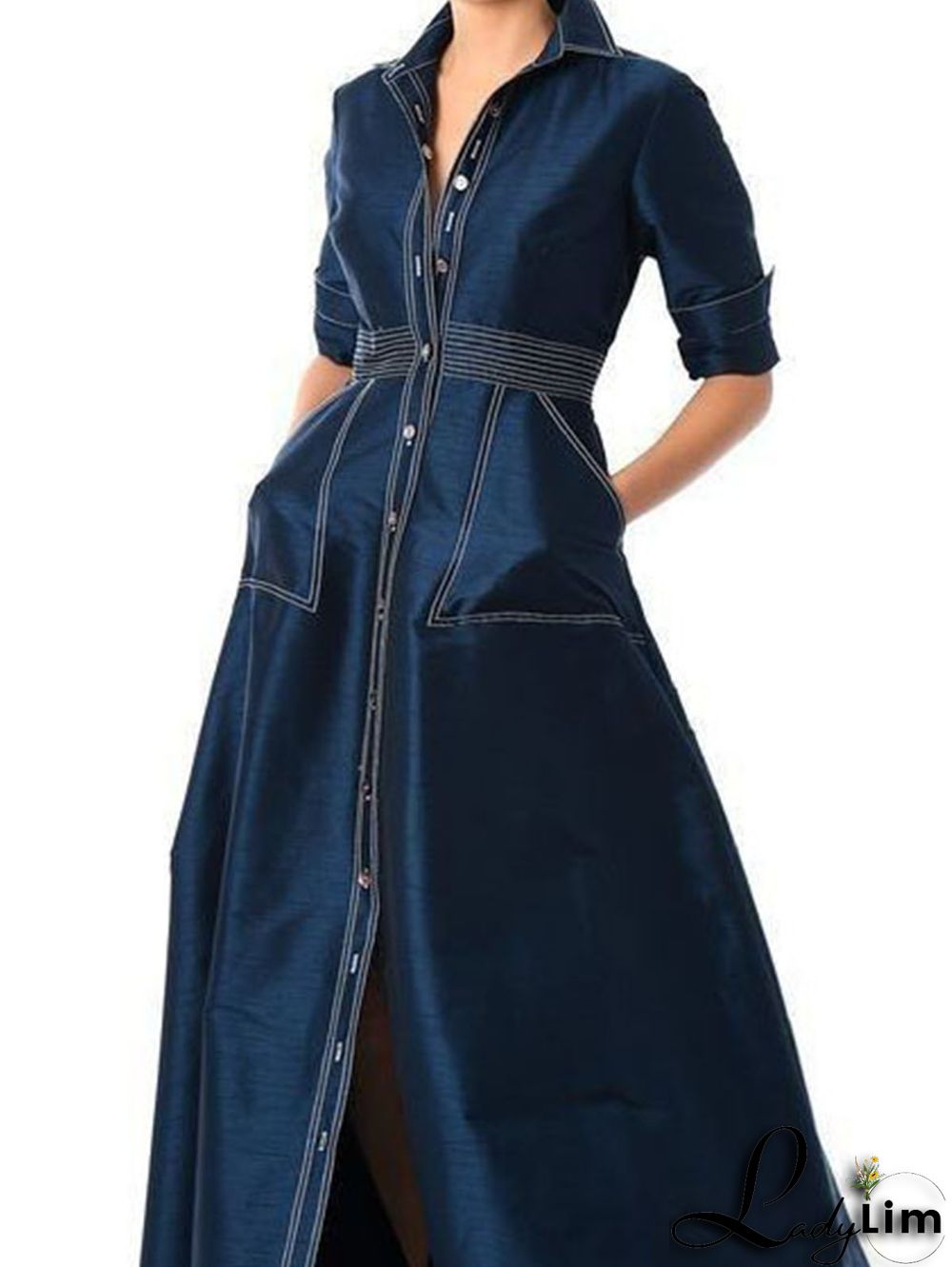 Casual Button Slant Pocket A-Line Shirt Maxi Dress