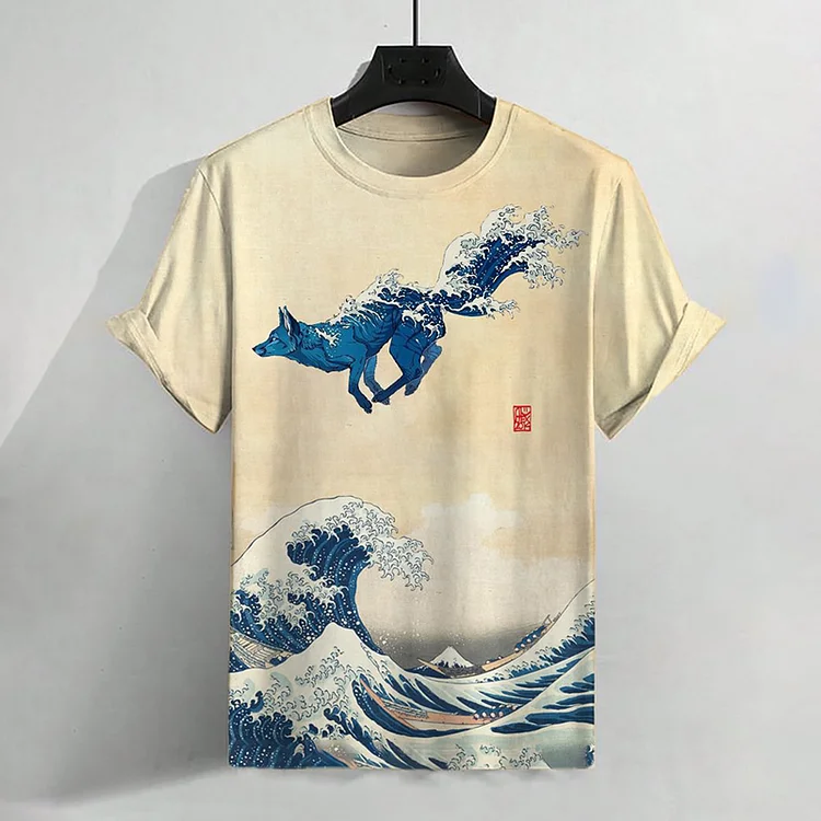 Men'S The Great Wave Fox Sea Japanese Art Print Casual T-Shirt