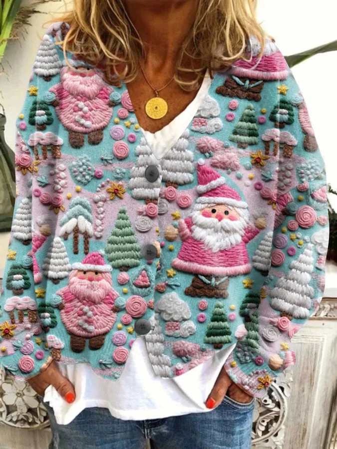 Women's Pink Santa Print Button-Up Cardigan