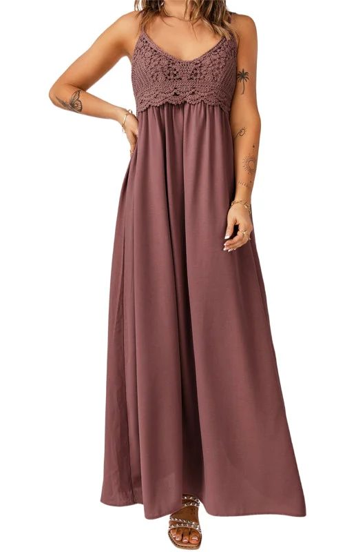 Elegant Crochet Smocked Bodice Spaghetti Straps Maxi Dress