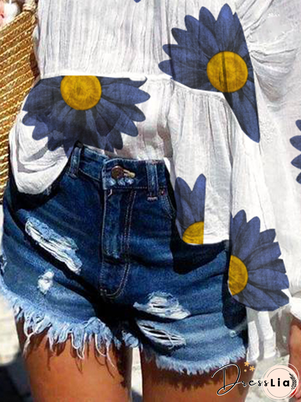 White-Blue Floral Batwing Cotton V Neck Shirts & Tops