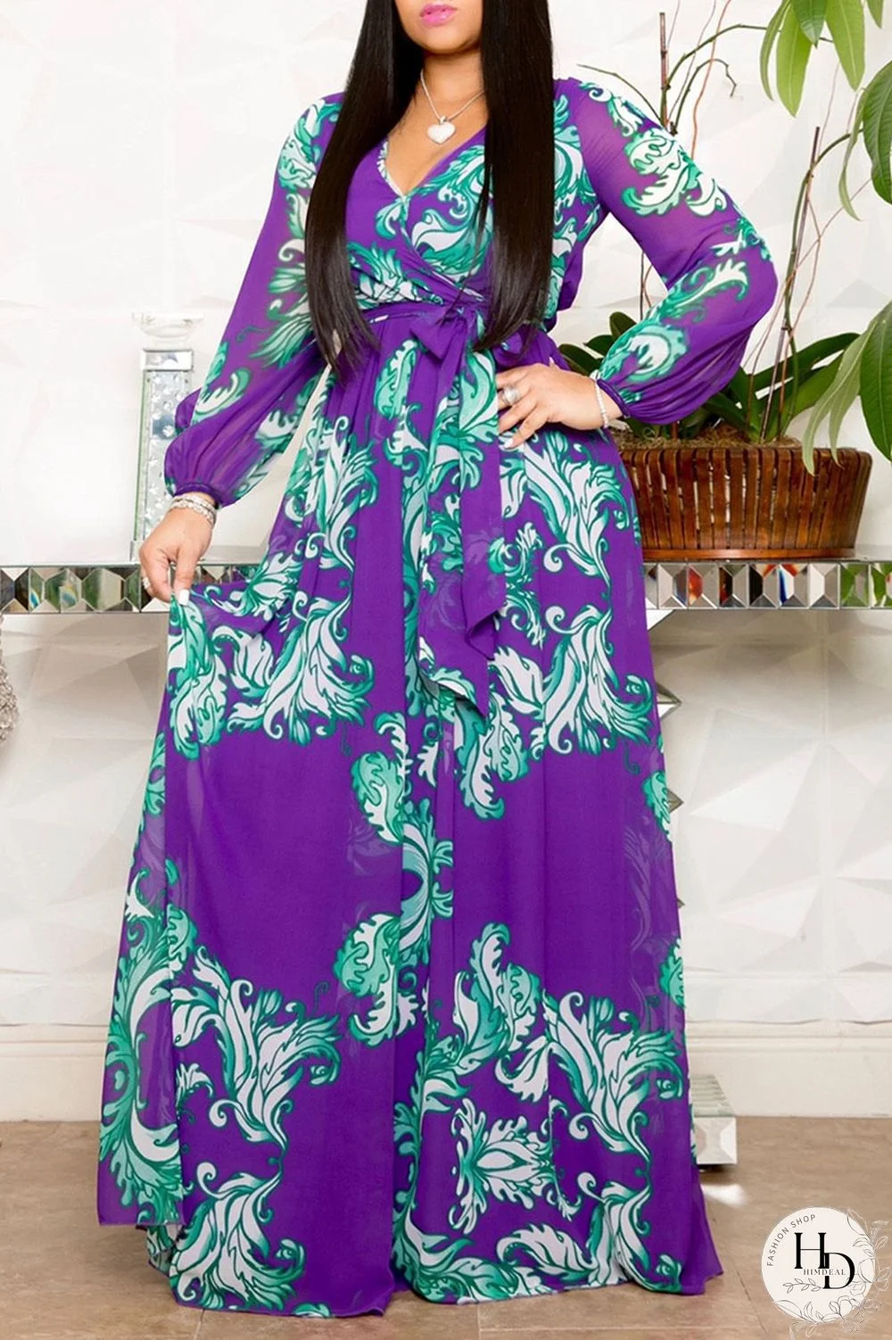 Purple Casual Elegant Print Patchwork V Neck Straight Dresses