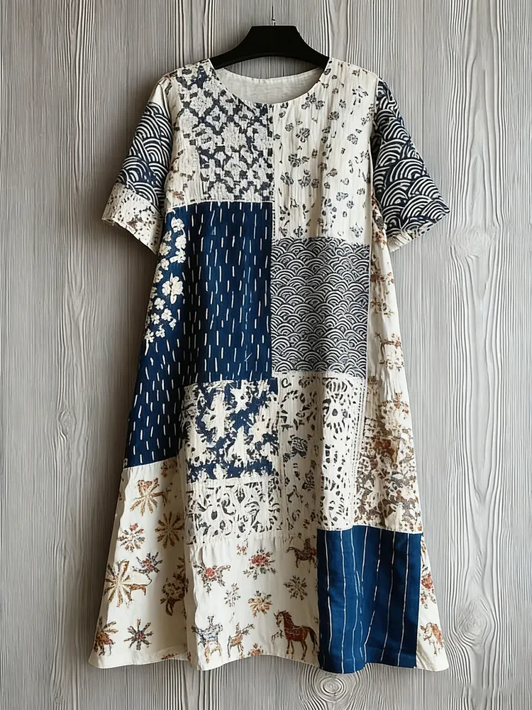 Women's Western Vintage Floral Short Sleeve Cotton Dress