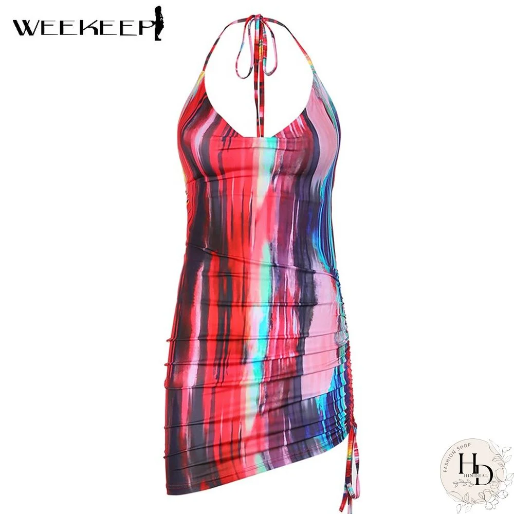 Weekeep Backless Halter Tie Dye Party Dress Women Sleeveless Clubwear Drawstring Lace Up Sexy Bodycon Outfits Hollow Out Dresses