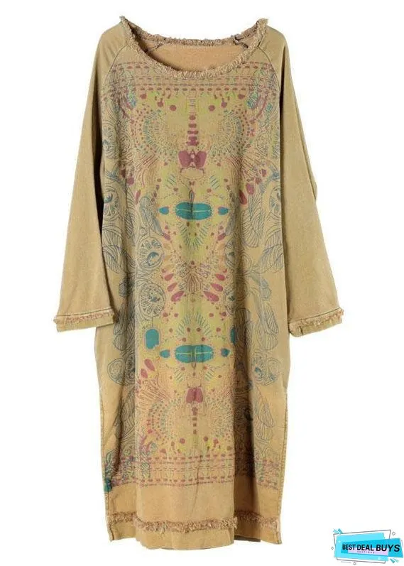 Unique Yellow O-Neck Side Open Cotton Fall Dress Street Wear