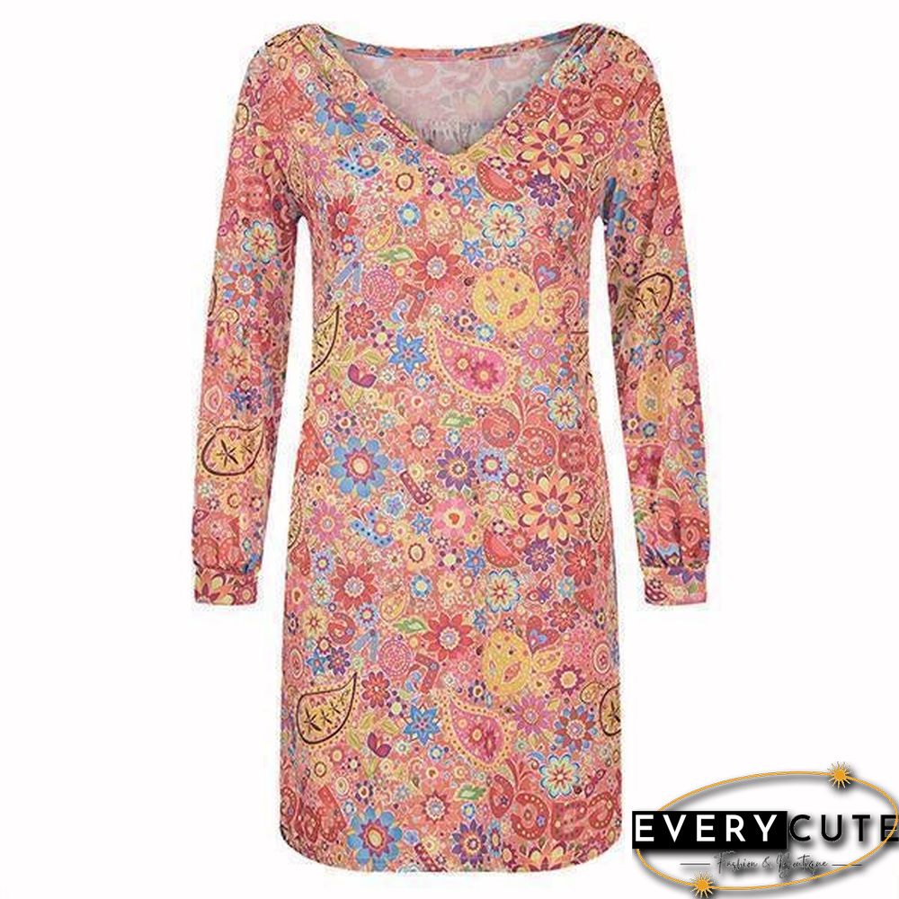 Short Sleeve Printed V Neck Loose Dress
