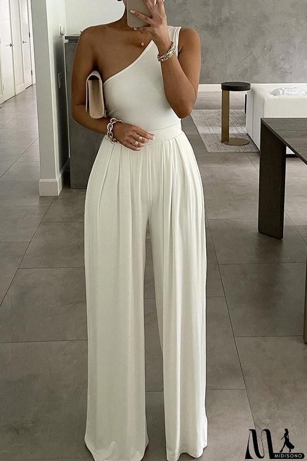 MidiSono - Irregular One Shoulder Solid Color Jumpsuit