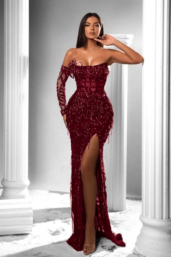 Oknass Strapless Long Sleeve High Split Long Prom Dress With Appliques
