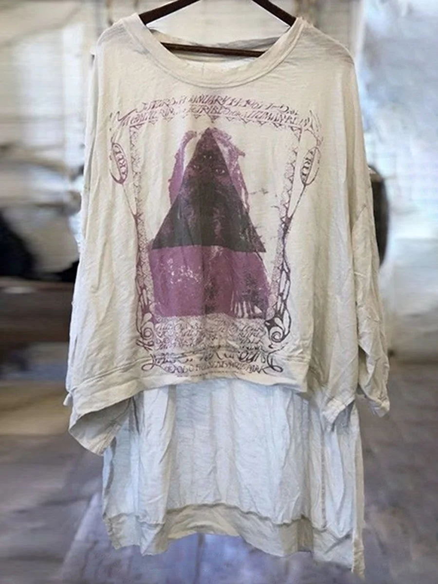 Patterned Loose Casual Style Irregular Hem Top