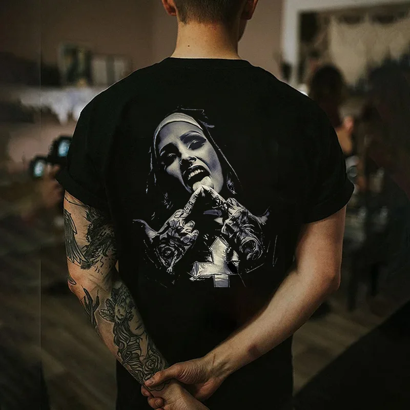Nun with Crucifix Graphic Dark Style Black Print T-shirt