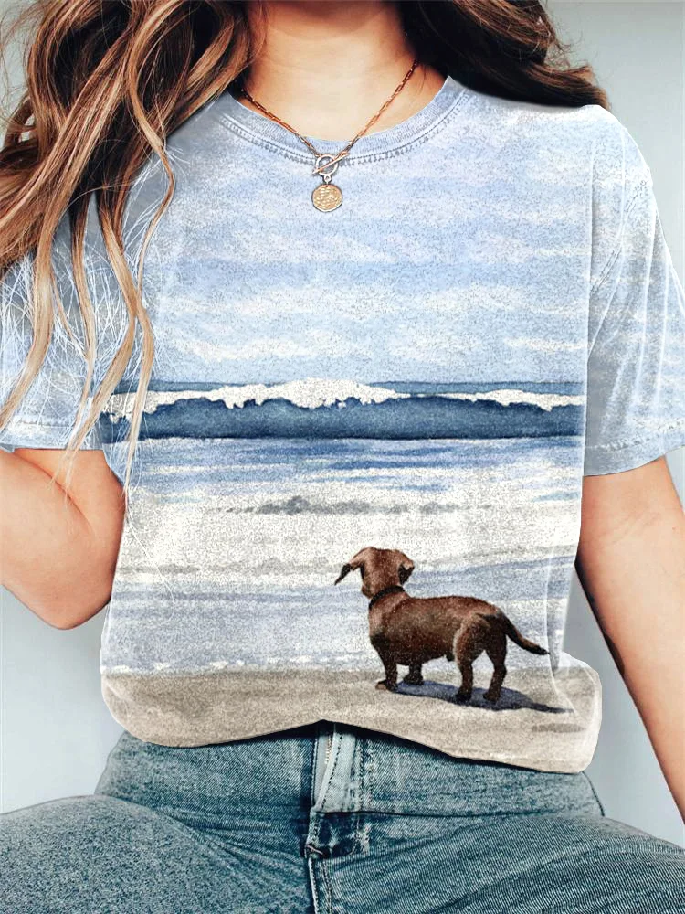 Dachshund Dog Art Print Casual Cotton T-Shirt