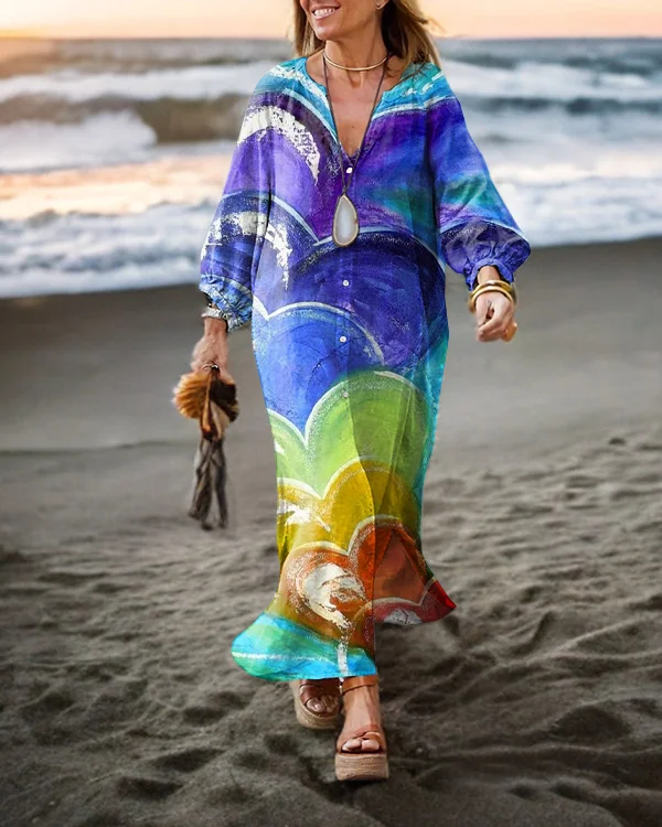 Retro Heart Colored Long Sleeve Cardigan Dress