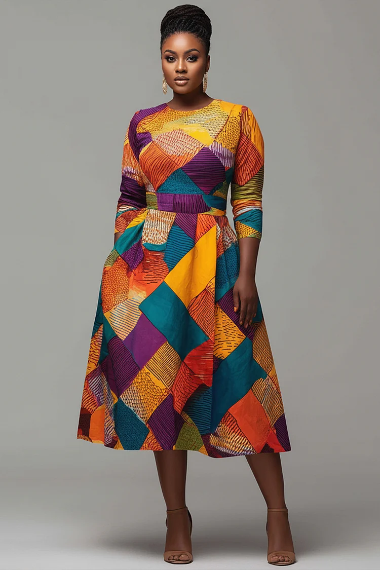 Xpluswear Design Plus Size Daily Multicolor African Print Round Neck Short Sleeve Pocket Midi Dresses [Pre-Order] 2024 - Xpluswear