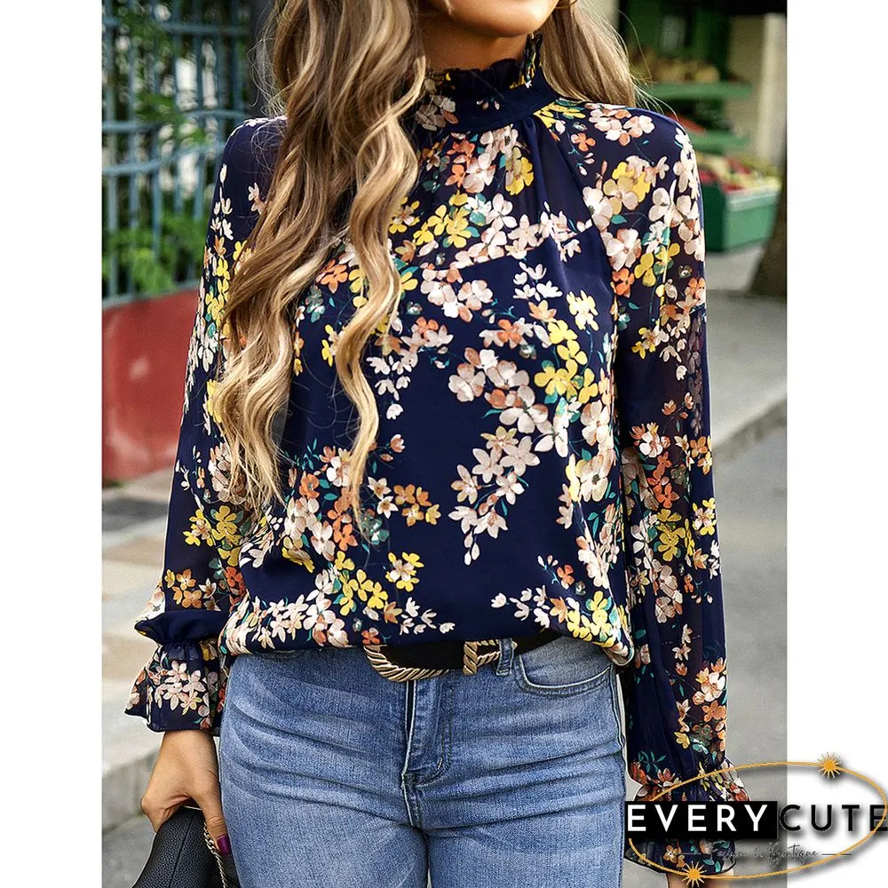 Navy Blue Floral Print Chiffon Long Sleeve Blouse