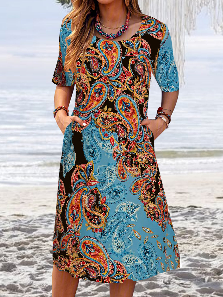 Women Casual Short Sleeve Scoop Neck Floral Printed Midi Dress