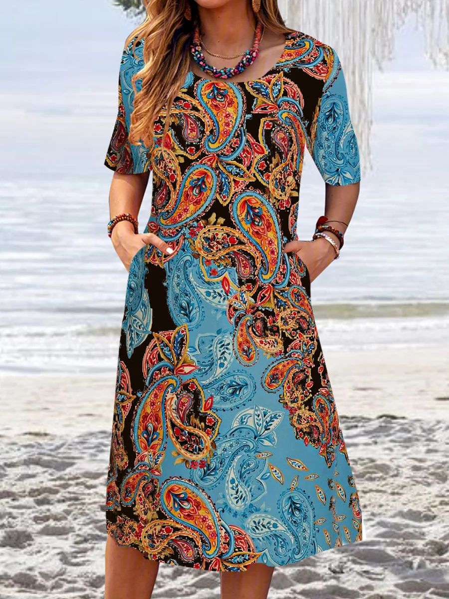 Women Casual Short Sleeve Scoop Neck Floral Printed Midi Dress